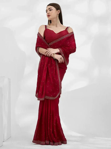 Bewitching Red Swarovski Work Satin Party Wear Saree With Blouse